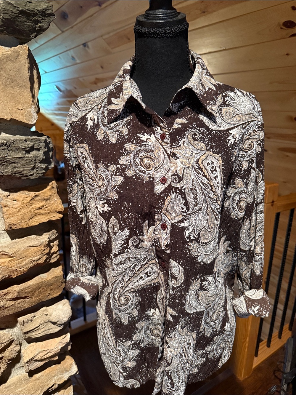 Paisley Print Womens Button-Up Shirt - Brown/White